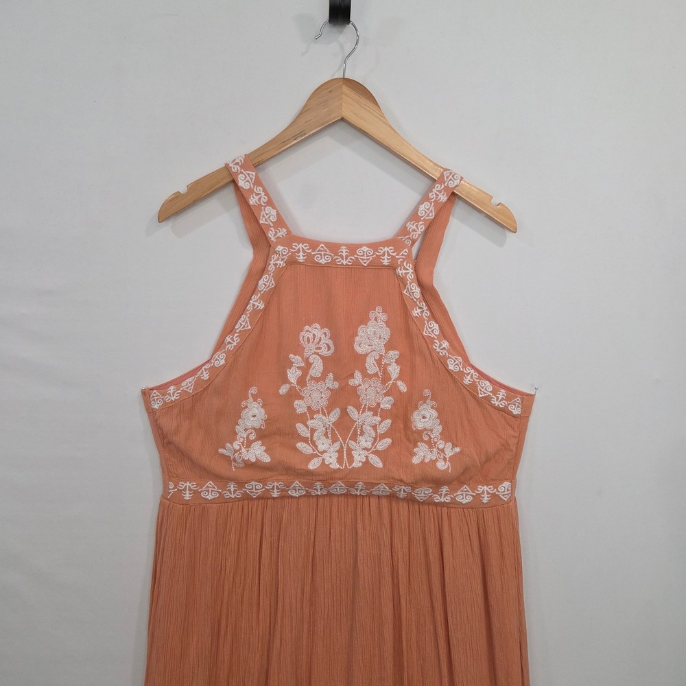 En Creme Orange Rayon Maxi Dress Large Embroidered Floral Halter Boho Summer - Picture 10 of 16
